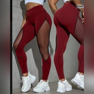 Women's Burgundy Mesh Panel Leggings